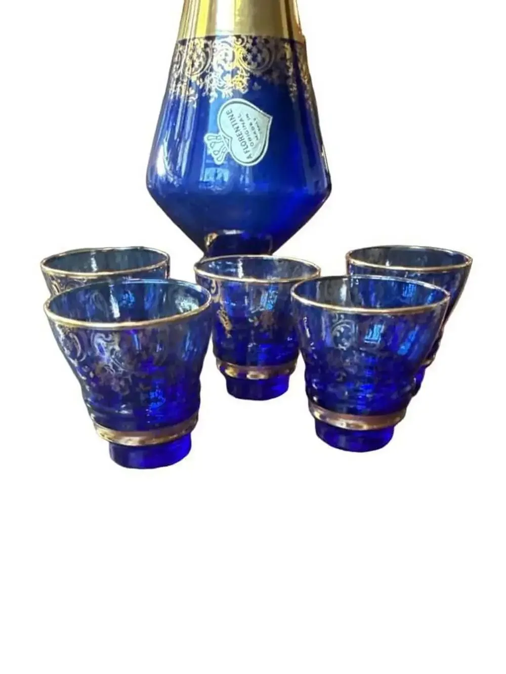 Florentine Decanter Set Cobalt Blue Gold Trim, Glass Stopper and 5 Cups